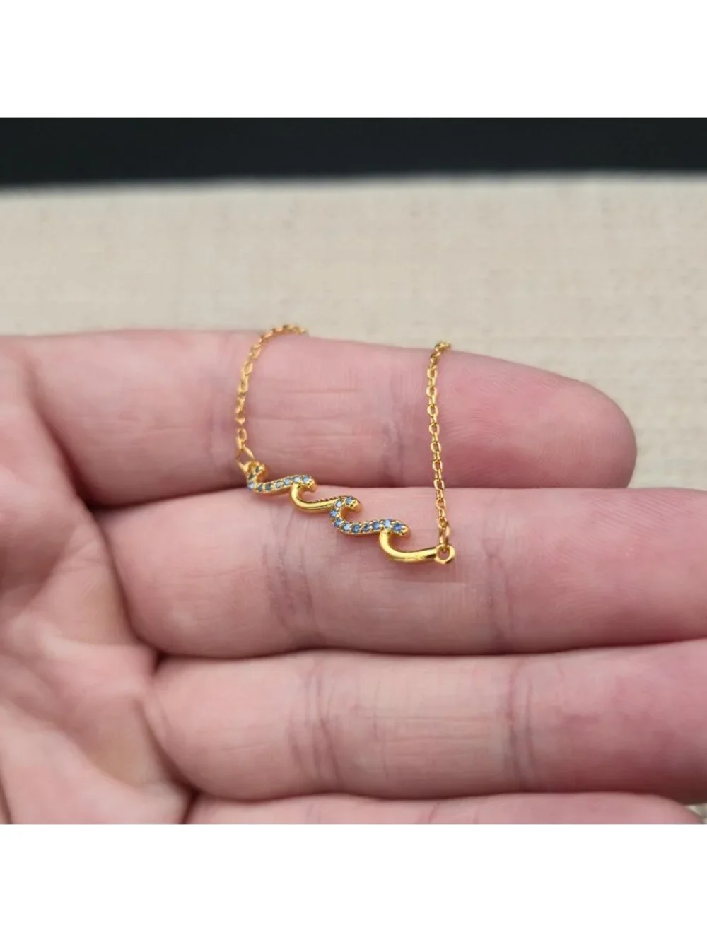 7+1 Inch Gold Over Sterling Silver Blue CZ Gem Wave Dainty Chain Bracelet A8156